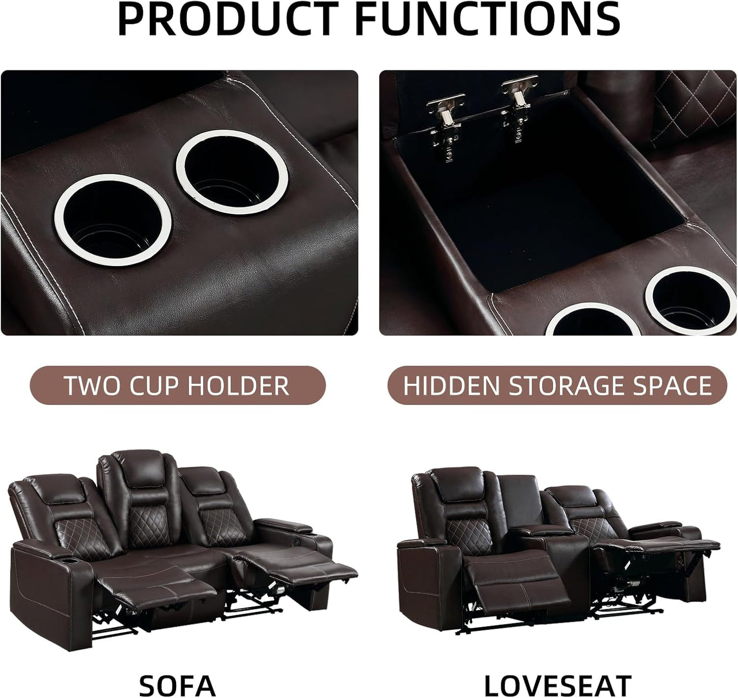 Home Theater Seating Seats, Theater Recliner Chair Power Recliner Sofa with Console, Cup Holders, Hidden Arm Storage, USB Ports,Brown