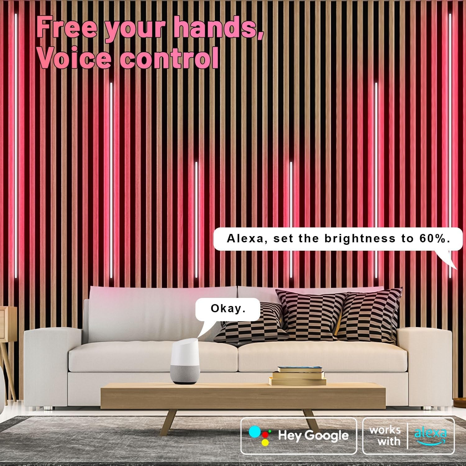 RGB Black LED Strip Light for Wood Slat Wall Panel, 6 Pcs Wifi Smart Recessed Lighting for Acoustic Panel Compatible with Alexa, Self-Adhesive Smart LED for Slat Wall (2*24+2*16+2*13 In)