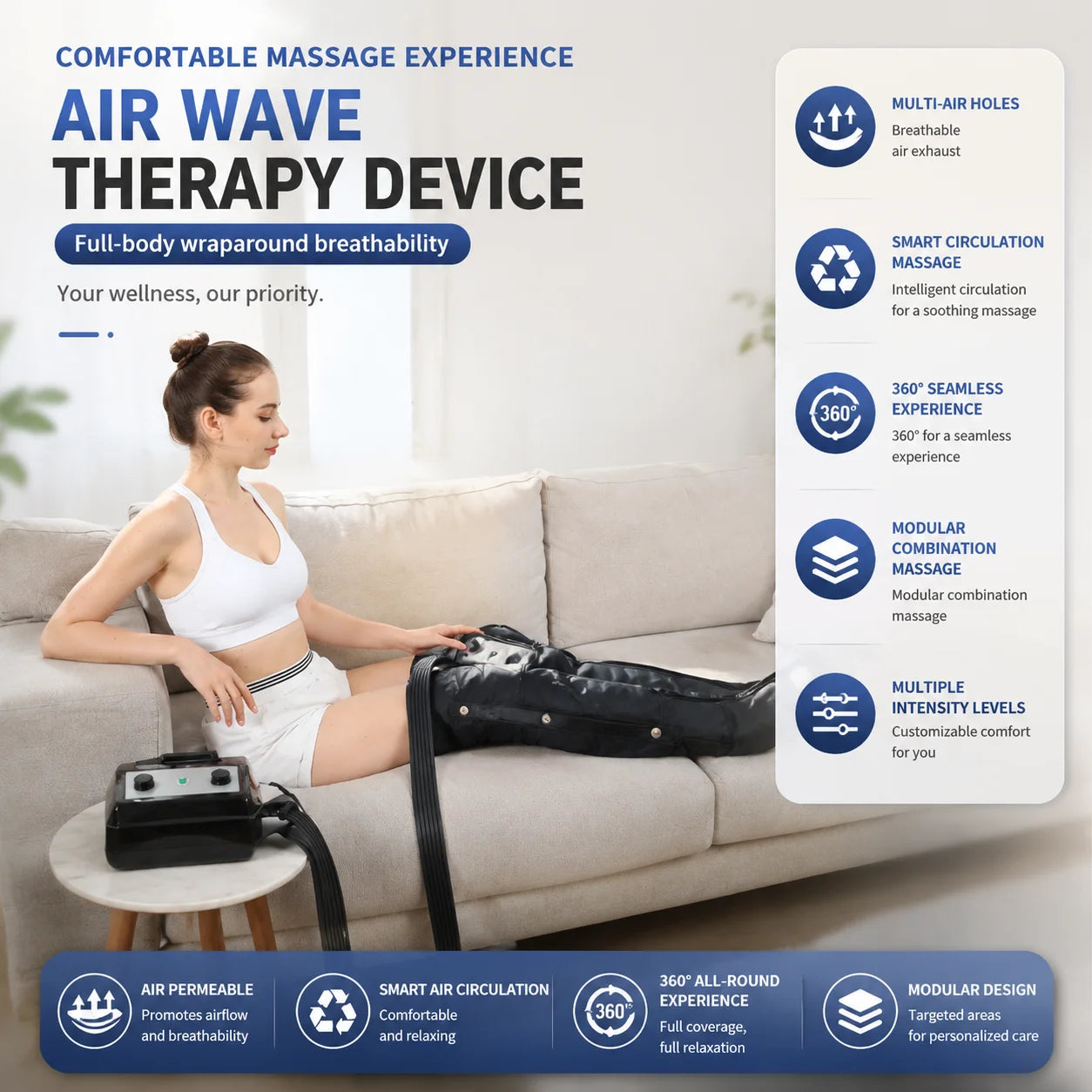 Four-Chamber Intelligent Air Wave Massager Pressure Therapy Instrument Leg Muscle Massage Recovery Lymphatic Detoxifier