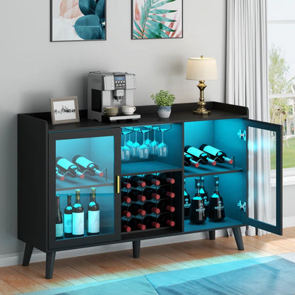 Ermo Wine Bar Cabinet with Led Light, Home Coffee Cabinet with Wine and Glass Rack