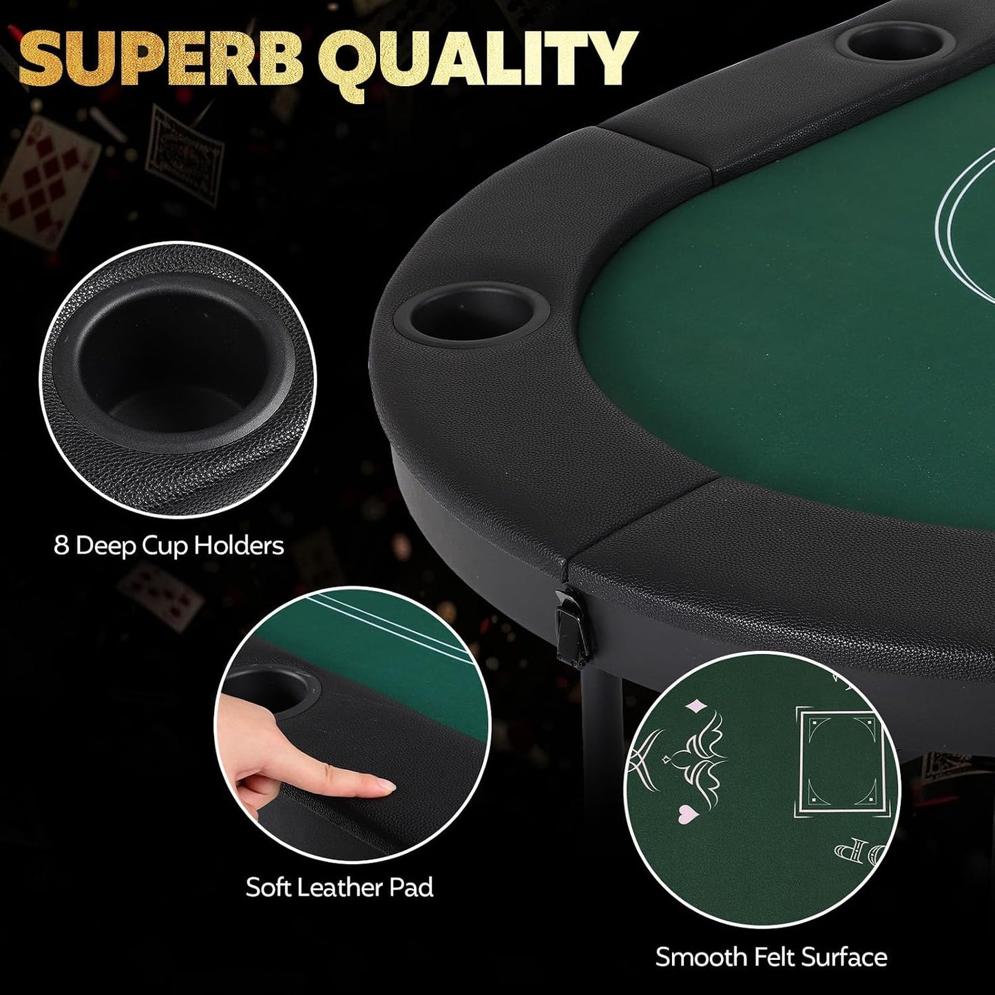 72" Portable Poker Table, Folding Poker Table, 8 Player Texas Holdem | Blackjack Table with 8 Cup Holders, Padded Surface for Casinos & Home
