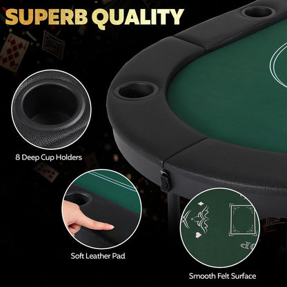 72" Portable Poker Table, Folding Poker Table, 8 Player Texas Holdem | Blackjack Table with 8 Cup Holders, Padded Surface for Casinos & Home
