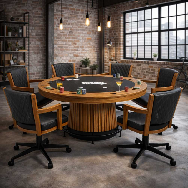 Prohibition gaming and dining chairs in Walnut surrounding a round poker table in a game room