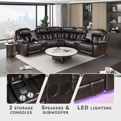 Lexicon sectional with storage consoles, speakers, subwoofer, and LED lighting