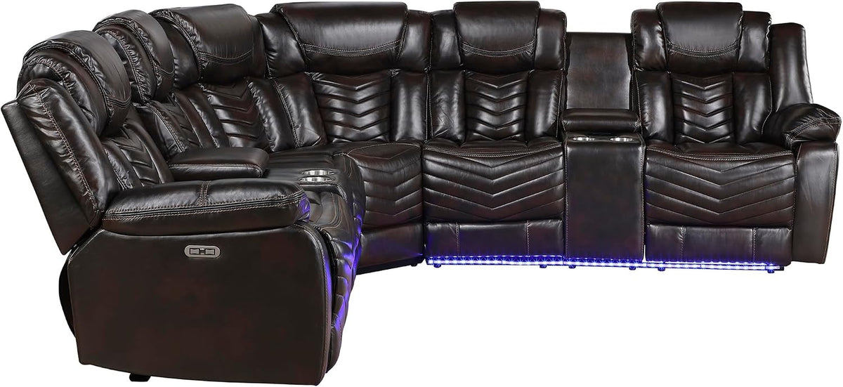 Dark-brown theater sectional with illuminated blue LED base