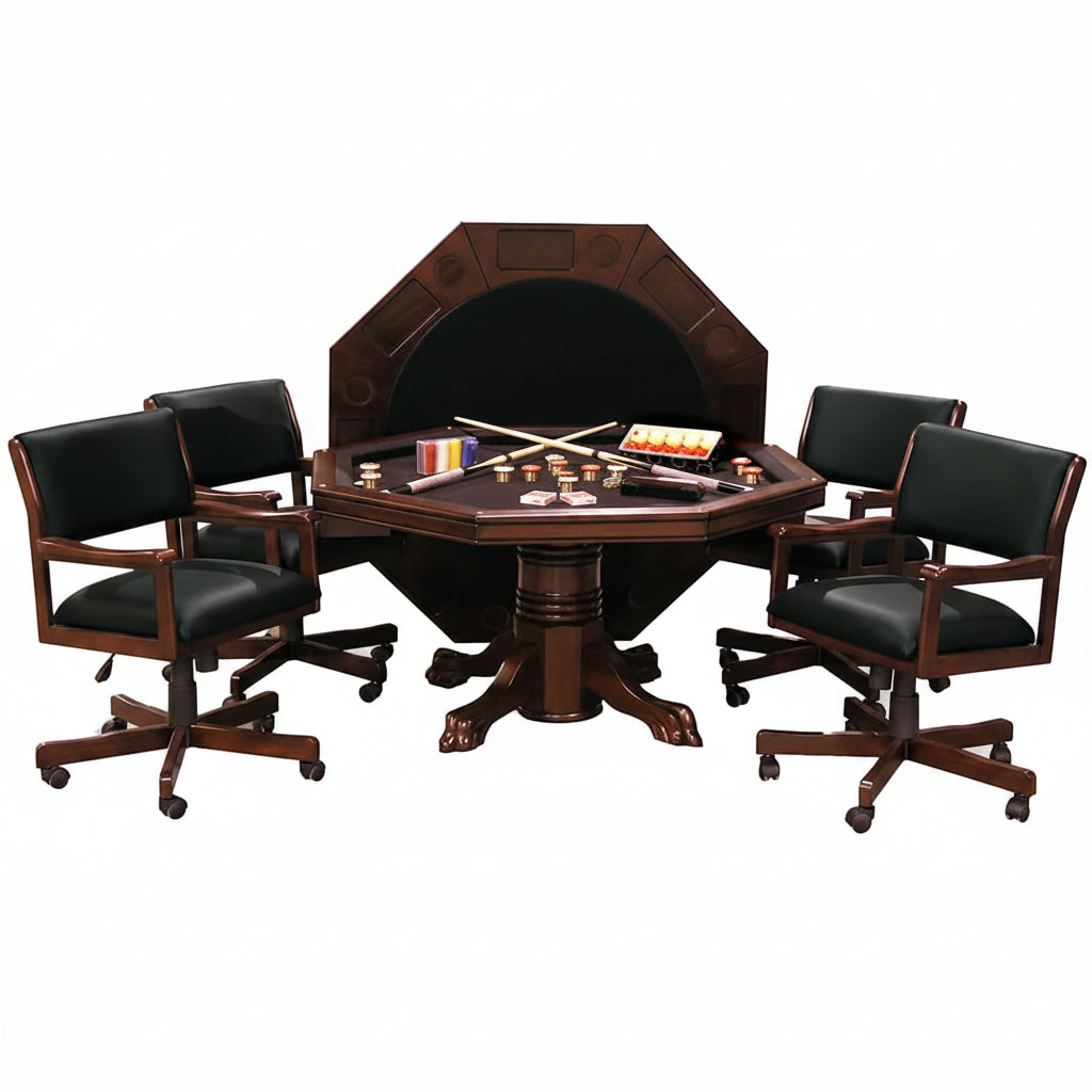 3-In1 Combination Game & Dining Table Set with 4 Rocker-Swivel Chairs- (Mahogany Finish)