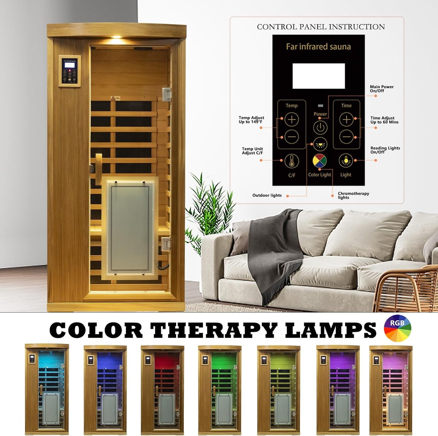 1-2 Person Infrared Sauna for Home, Low EMF Far Infrared Sauna, 1450 Watts Red Cedar Wood Sauna with Door Heating Panel, Control, Bluetooth, 8 Heating Panels, 7 Color Lights, Outdoor Lamp