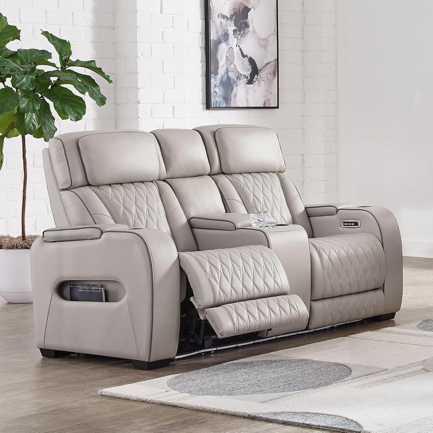 Signature Design by Ashley Power Reclining Loveseat with Console, Gray | Heated Air Massage Seats, Top Grain Leather Faux Leather Combination, Zero Gravity Recline, Home Theater Seating, Boyington
