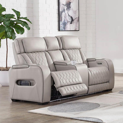 Signature Design by Ashley Power Reclining Loveseat with Console, Gray | Heated Air Massage Seats, Top Grain Leather Faux Leather Combination, Zero Gravity Recline, Home Theater Seating, Boyington
