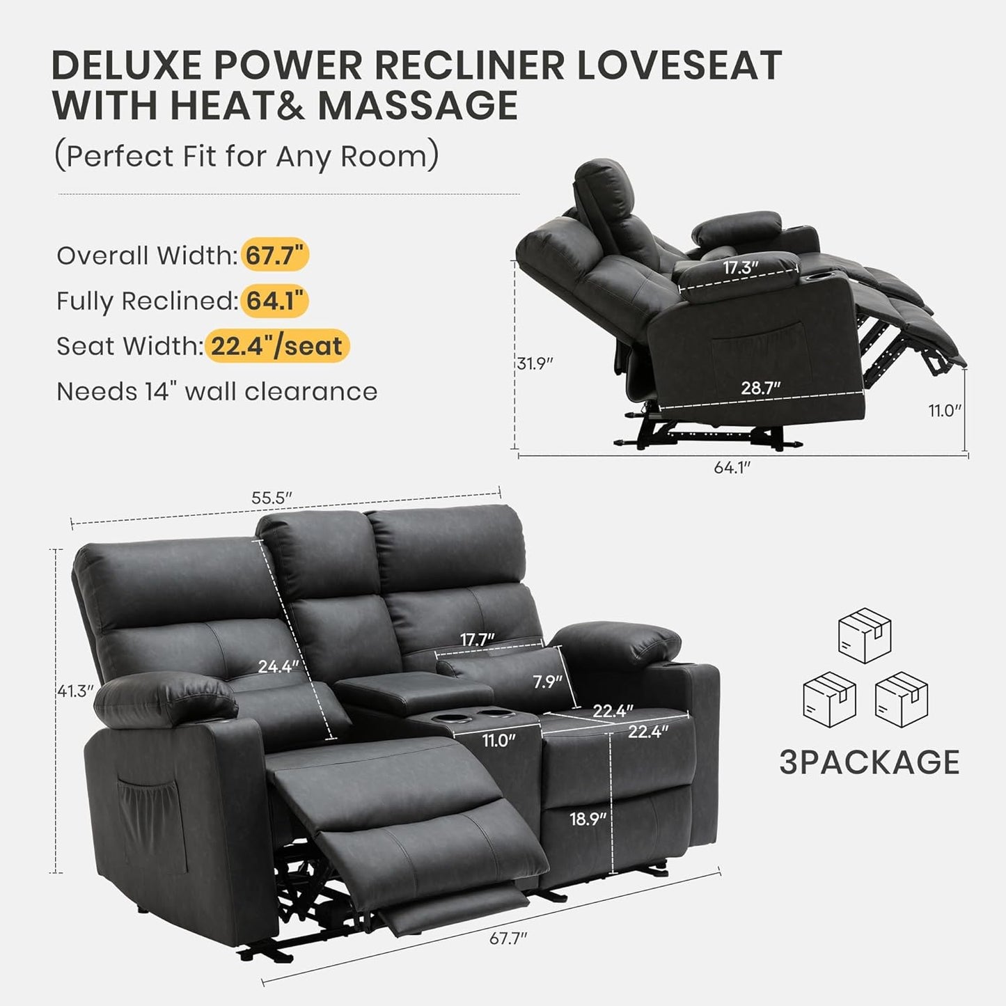 68" Power Reclining Loveseat with Heat & Massage, Wall Hugger Double Reclining Sofa with Console, Cup Holders & Storage, Power Recliner Couch for Camper, Trailer, RV, Home Theater Living Room
