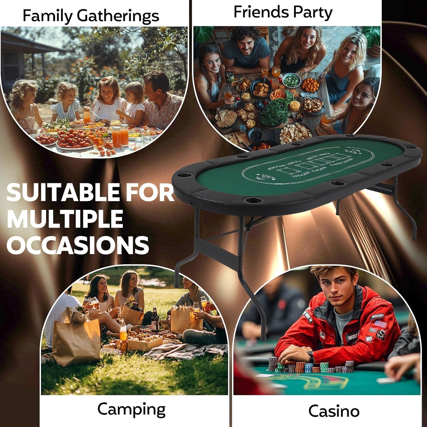 72" Portable Poker Table, Folding Poker Table, 8 Player Texas Holdem | Blackjack Table with 8 Cup Holders, Padded Surface for Casinos & Home