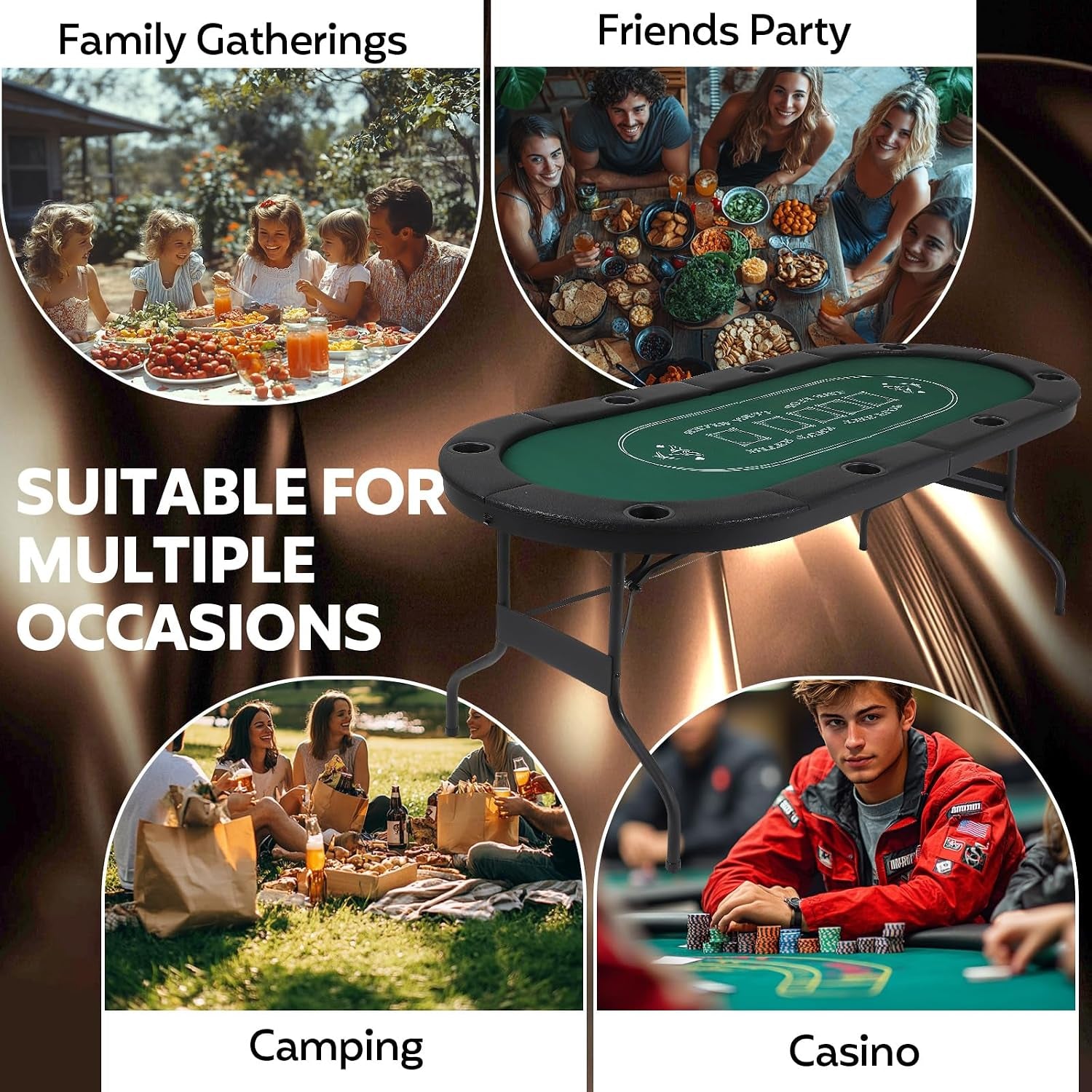 72" Portable Poker Table, Folding Poker Table, 8 Player Texas Holdem | Blackjack Table with 8 Cup Holders, Padded Surface for Casinos & Home