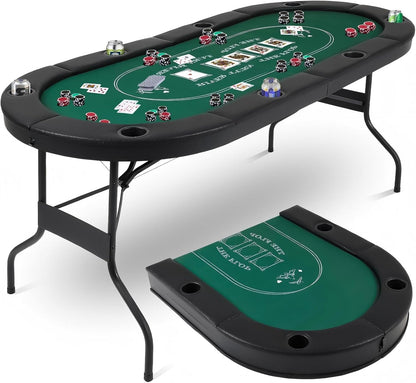 72" Portable Poker Table, Folding Poker Table, 8 Player Texas Holdem | Blackjack Table with 8 Cup Holders, Padded Surface for Casinos & Home