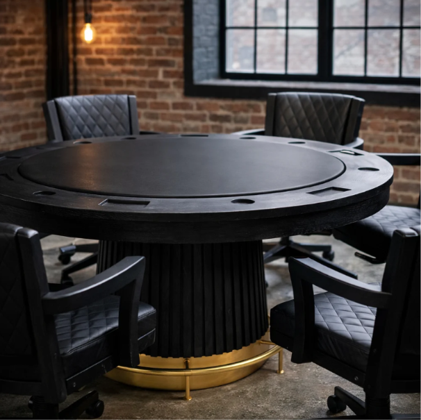RAM Prohibition gaming and dining swivel chairs arranged around a round game table
