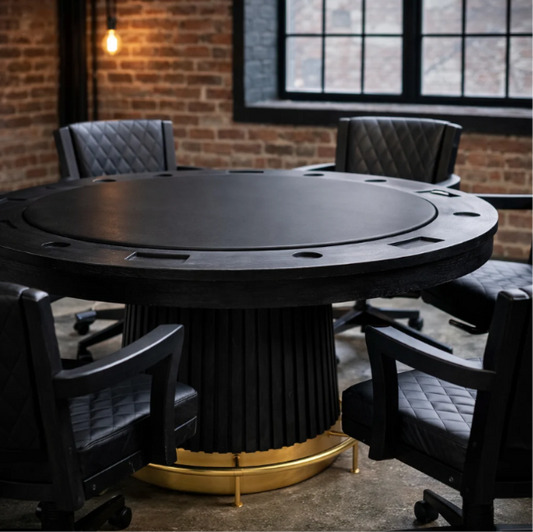 RAM Prohibition gaming and dining swivel chairs arranged around a round game table