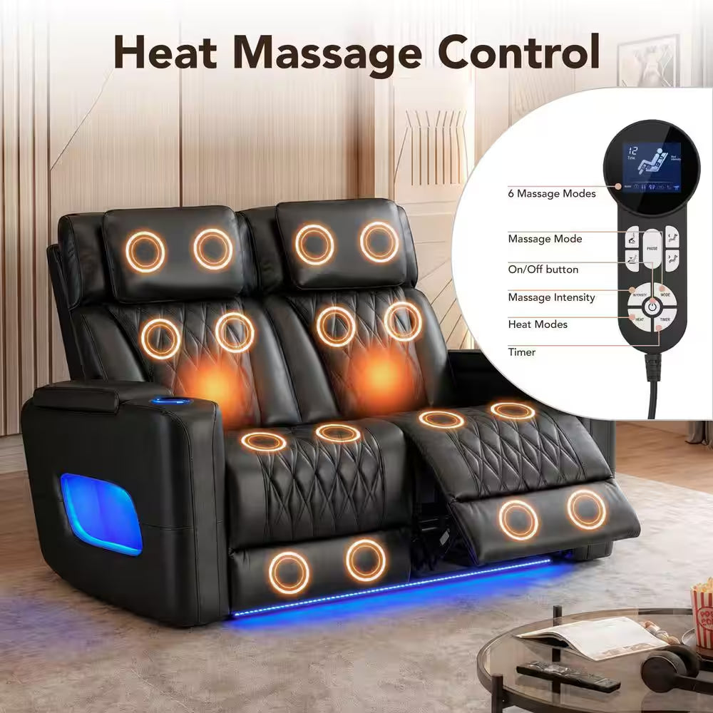 Orya Black 61.42 In. Power Recliner Chair with Dual Motor, Massage and Heat, LED Lights, Leather Home Theater Seating