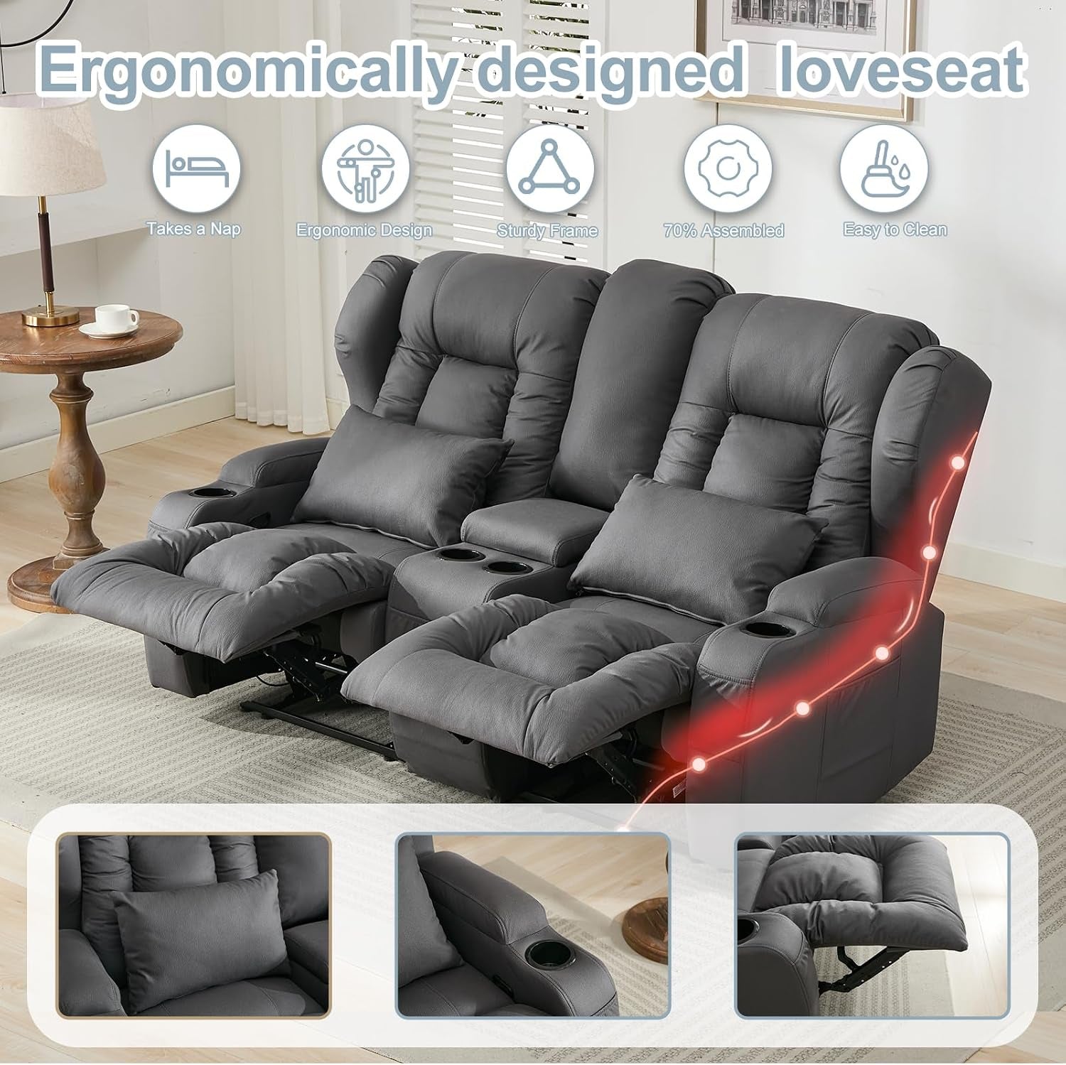 65.5" Loveseat Recliner Sofa | Double Recliner Sofa & Console | Wall Hugger Loveseat Reclining RV Theater Seats | RV Couch Home Theater Seating Furniture (Fabric Gray)