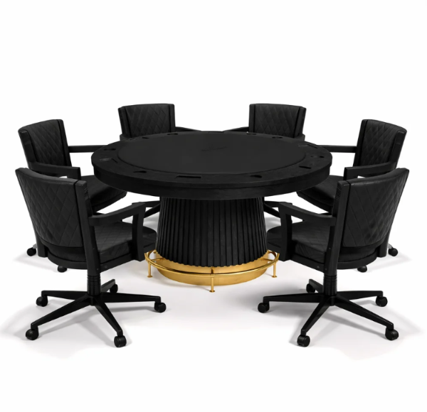 Matte Black Prohibition swivel chairs arranged around a round black game table