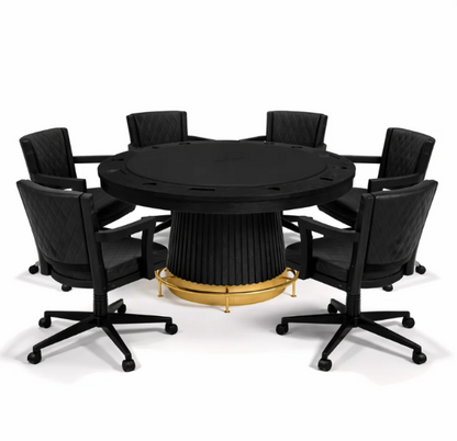 Matte Black Prohibition swivel chairs arranged around a round black game table
