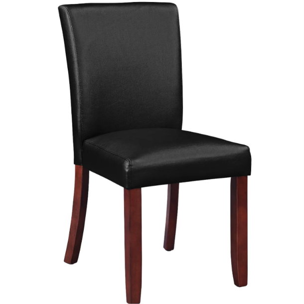 English Tudor solid wood dining and game chair with padded black vinyl upholstery