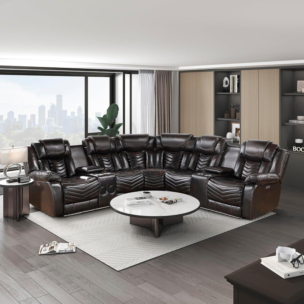 Lexicon dark-brown power reclining sectional in a curated living room