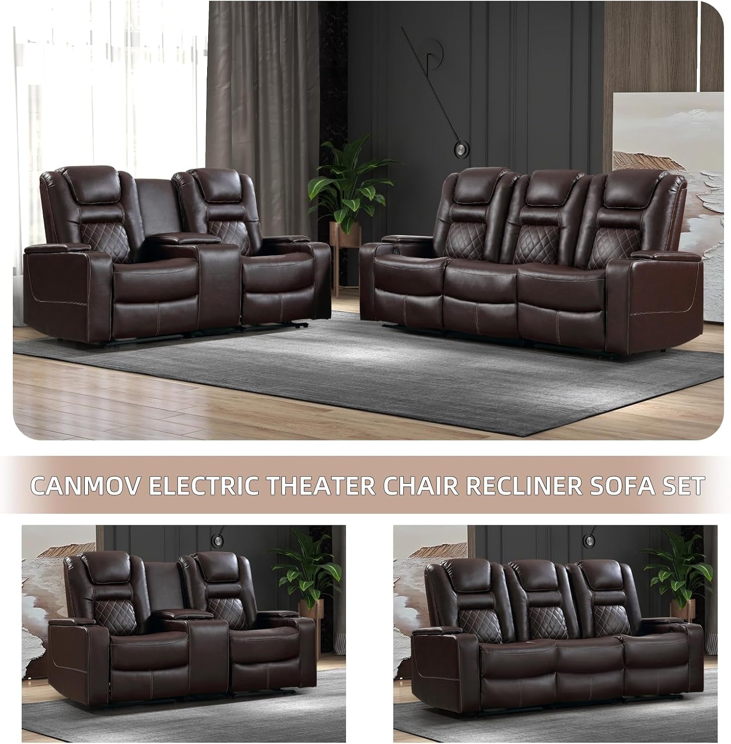 Home Theater Seating Seats, Theater Recliner Chair Power Recliner Sofa with Console, Cup Holders, Hidden Arm Storage, USB Ports,Brown