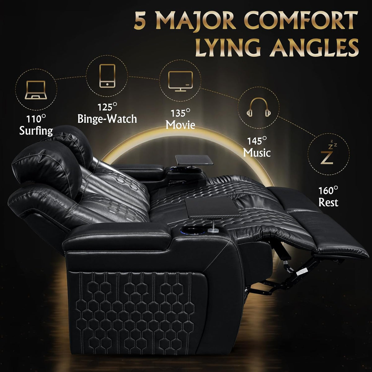 Side view of black theater loveseat showing five reclining comfort positions