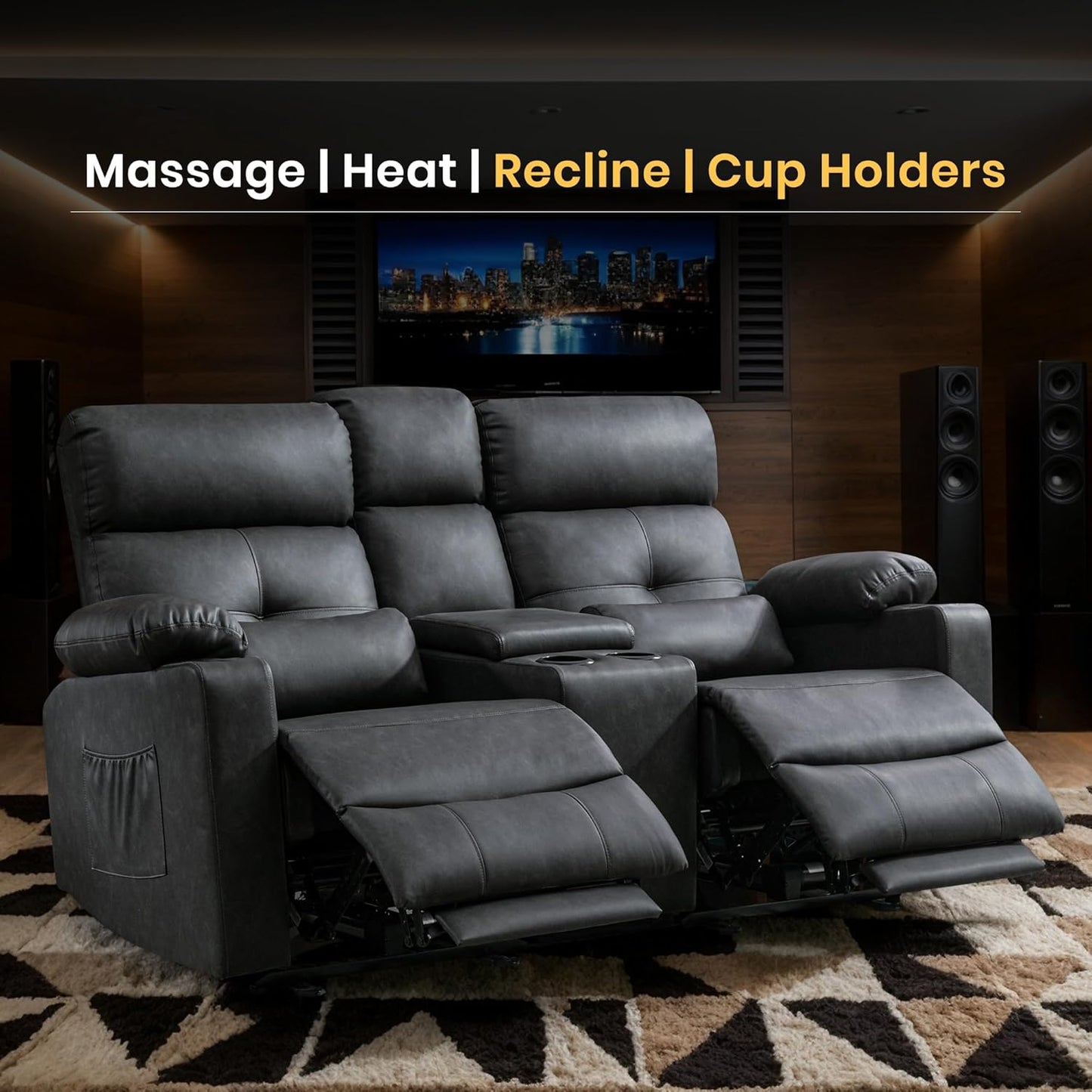 68" Power Reclining Loveseat with Heat & Massage, Wall Hugger Double Reclining Sofa with Console, Cup Holders & Storage, Power Recliner Couch for Camper, Trailer, RV, Home Theater Living Room