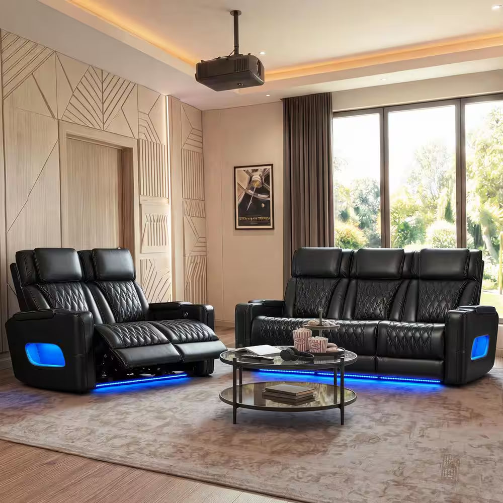 Orya Black 61.42 In. Power Recliner Chair with Dual Motor, Massage and Heat, LED Lights, Leather Home Theater Seating