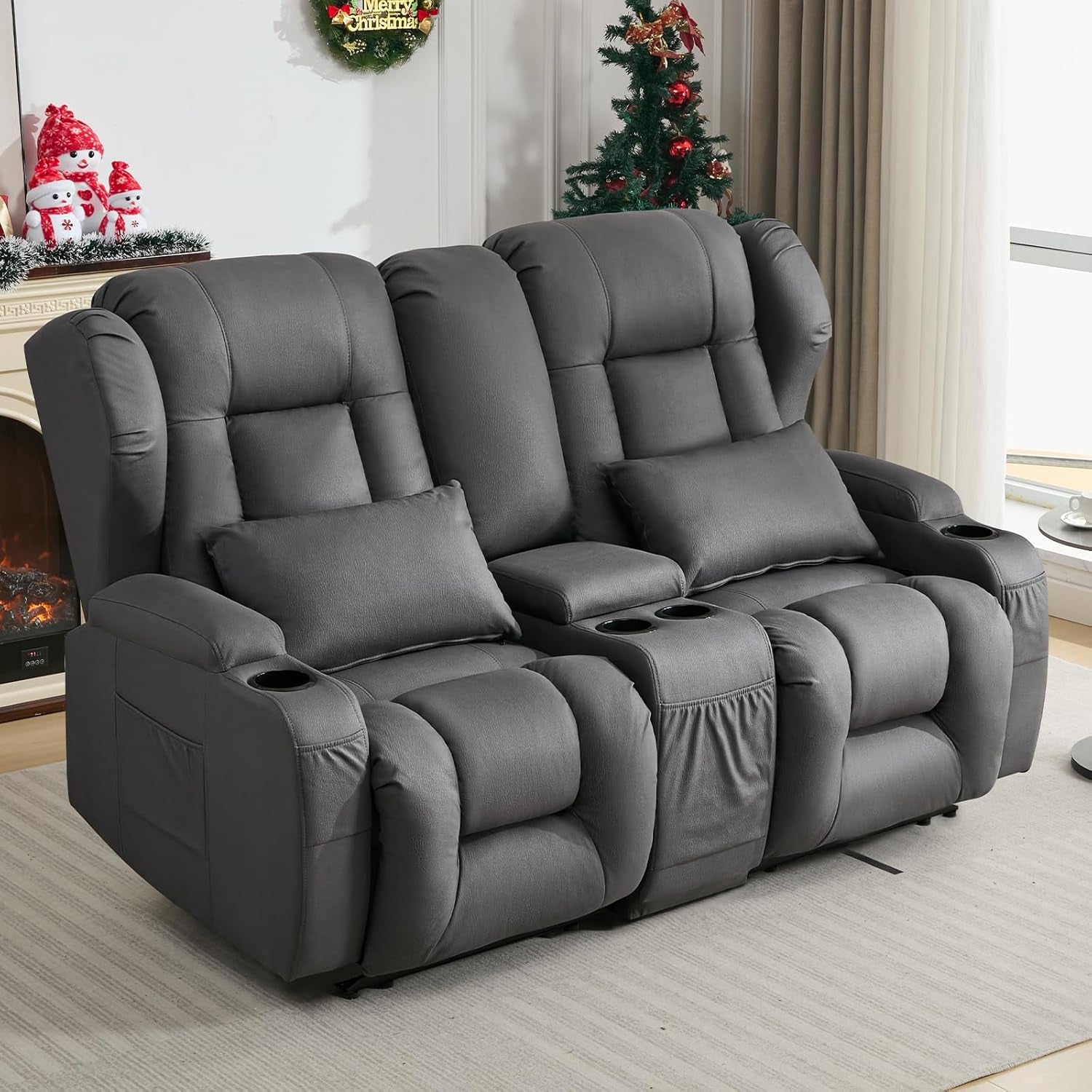 65.5" Loveseat Recliner Sofa | Double Recliner Sofa & Console | Wall Hugger Loveseat Reclining RV Theater Seats | RV Couch Home Theater Seating Furniture (Fabric Gray)