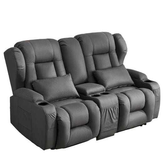 65.5" Loveseat Recliner Sofa | Double Recliner Sofa & Console | Wall Hugger Loveseat Reclining RV Theater Seats | RV Couch Home Theater Seating Furniture (Fabric Gray)
