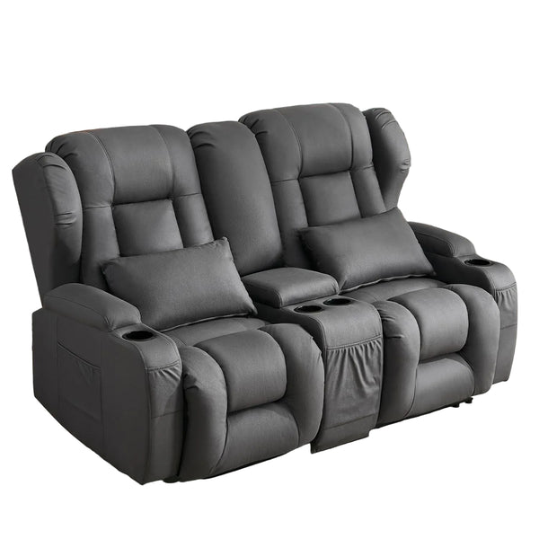 65.5" Loveseat Recliner Sofa | Double Recliner Sofa & Console | Wall Hugger Loveseat Reclining RV Theater Seats | RV Couch Home Theater Seating Furniture (Fabric Gray)