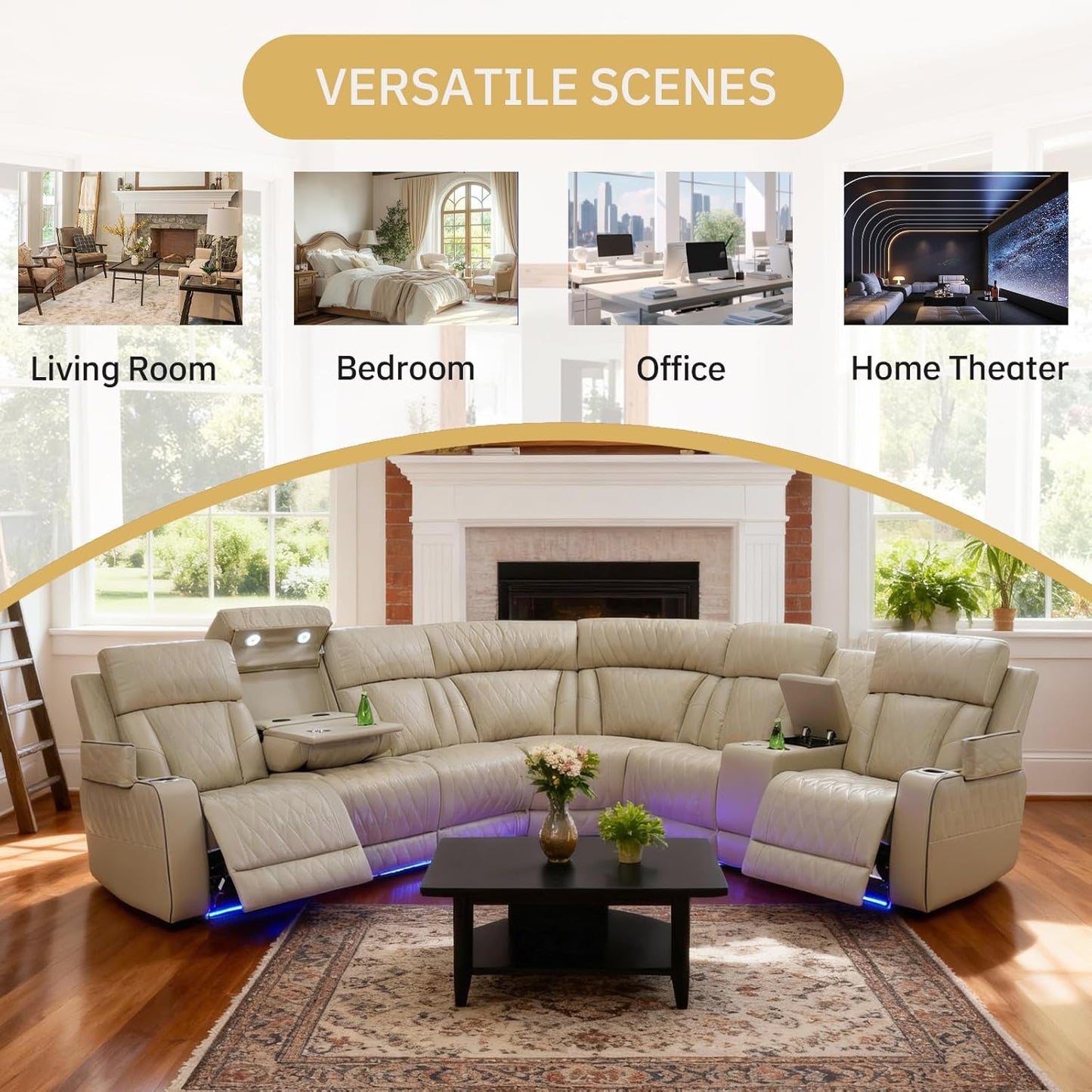 Power Reclining Leather Sectional Sofa for Home Theater, Electric Recliner Couch with Wireless Power, LED Ambient Lighting, Cup Holders & Storage, Air Leather Sofa for Living Room Comfort, Beige