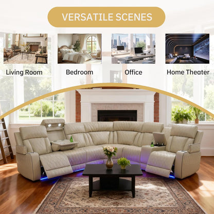 Power Reclining Leather Sectional Sofa for Home Theater, Electric Recliner Couch with Wireless Power, LED Ambient Lighting, Cup Holders & Storage, Air Leather Sofa for Living Room Comfort, Beige
