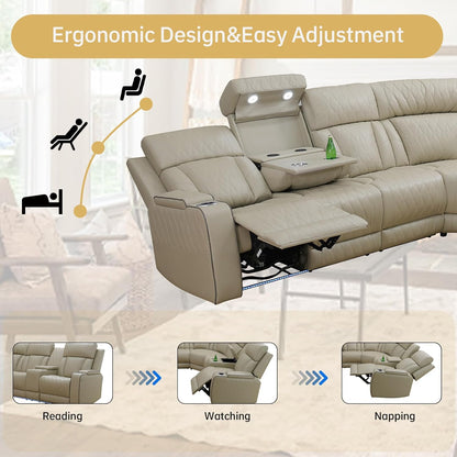 Power Reclining Leather Sectional Sofa for Home Theater, Electric Recliner Couch with Wireless Power, LED Ambient Lighting, Cup Holders & Storage, Air Leather Sofa for Living Room Comfort, Beige