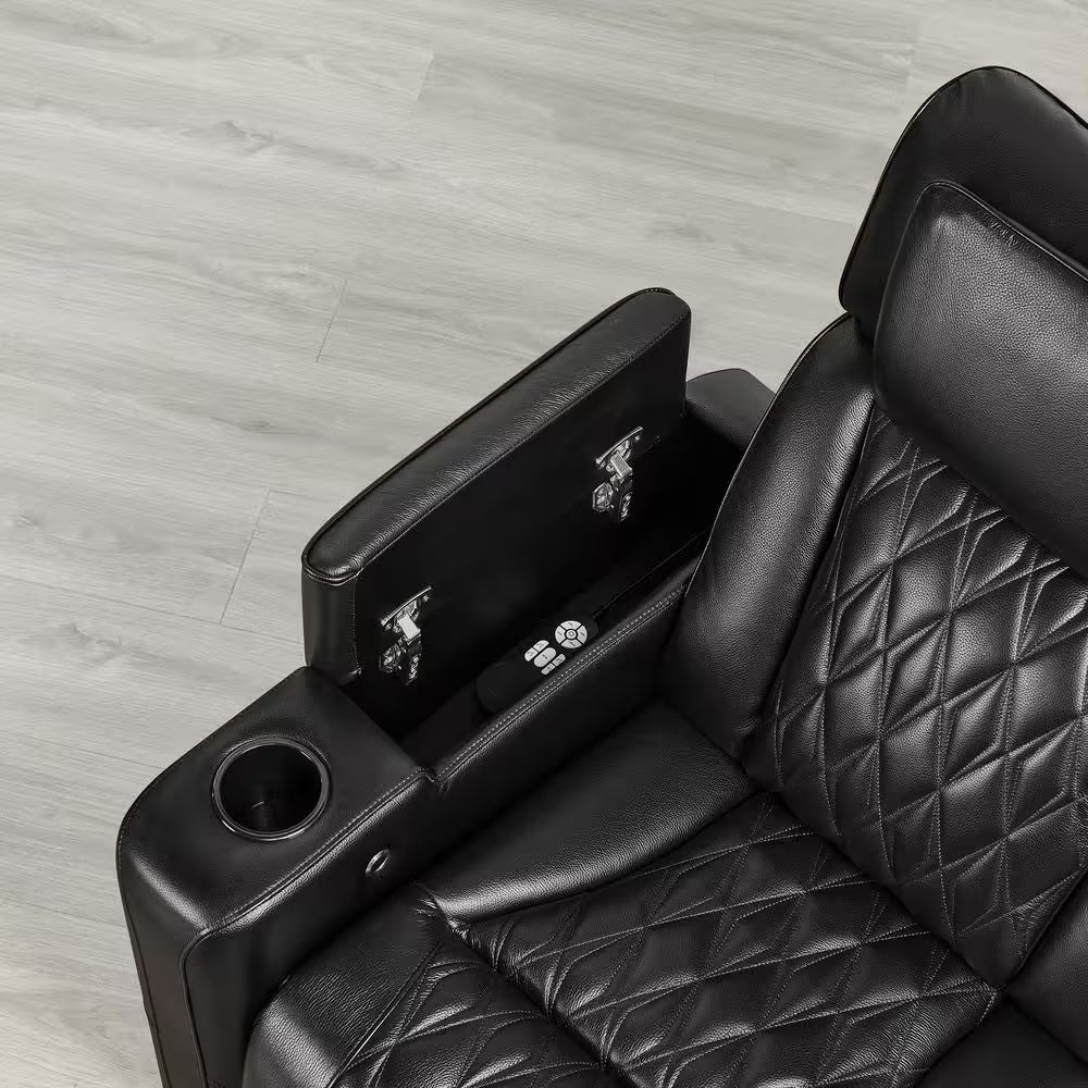Orya Black 61.42 In. Power Recliner Chair with Dual Motor, Massage and Heat, LED Lights, Leather Home Theater Seating