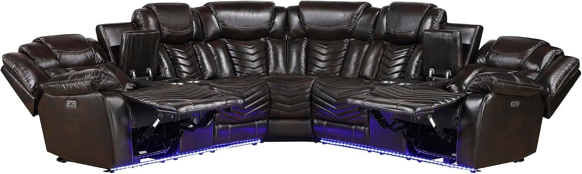 Reclined theater sectional with open consoles and blue LED lighting