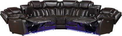 Reclined theater sectional with open consoles and blue LED lighting