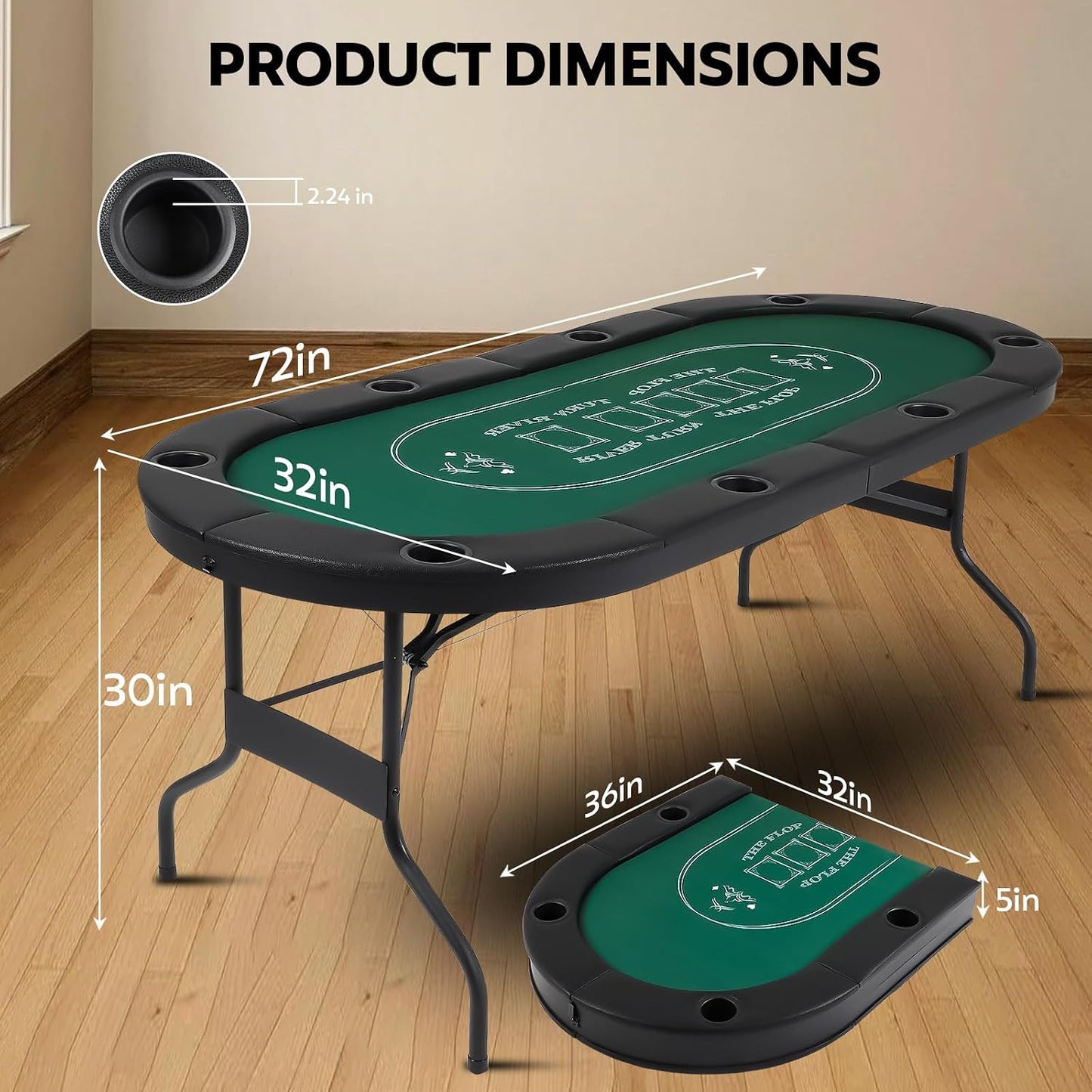 72" Portable Poker Table, Folding Poker Table, 8 Player Texas Holdem | Blackjack Table with 8 Cup Holders, Padded Surface for Casinos & Home