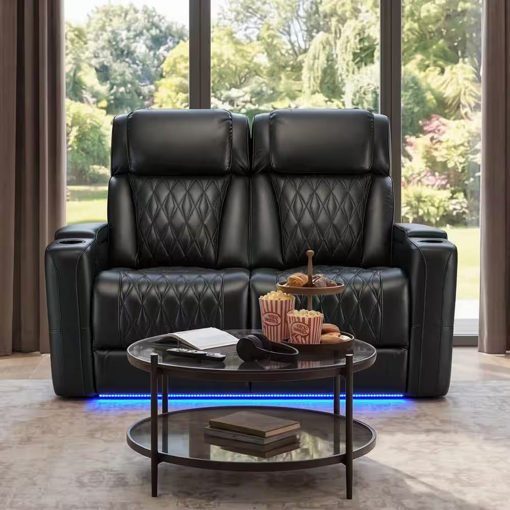 Orya Black 61.42 In. Power Recliner Chair with Dual Motor, Massage and Heat, LED Lights, Leather Home Theater Seating