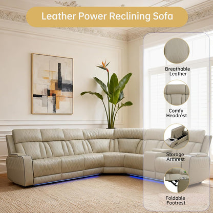 Power Reclining Leather Sectional Sofa for Home Theater, Electric Recliner Couch with Wireless Power, LED Ambient Lighting, Cup Holders & Storage, Air Leather Sofa for Living Room Comfort, Beige
