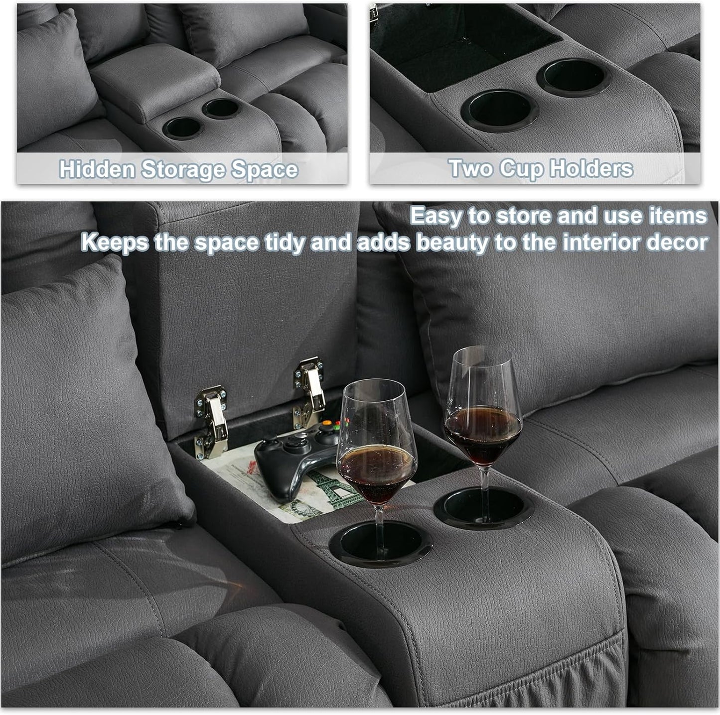 65.5" Loveseat Recliner Sofa | Double Recliner Sofa & Console | Wall Hugger Loveseat Reclining RV Theater Seats | RV Couch Home Theater Seating Furniture (Fabric Gray)