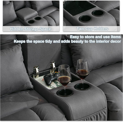 65.5" Loveseat Recliner Sofa | Double Recliner Sofa & Console | Wall Hugger Loveseat Reclining RV Theater Seats | RV Couch Home Theater Seating Furniture (Fabric Gray)