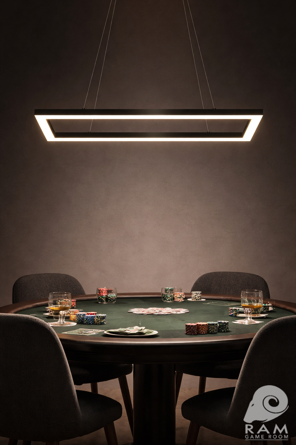 47-inch rectangular LED game table light suspended above a game table against a dark background
