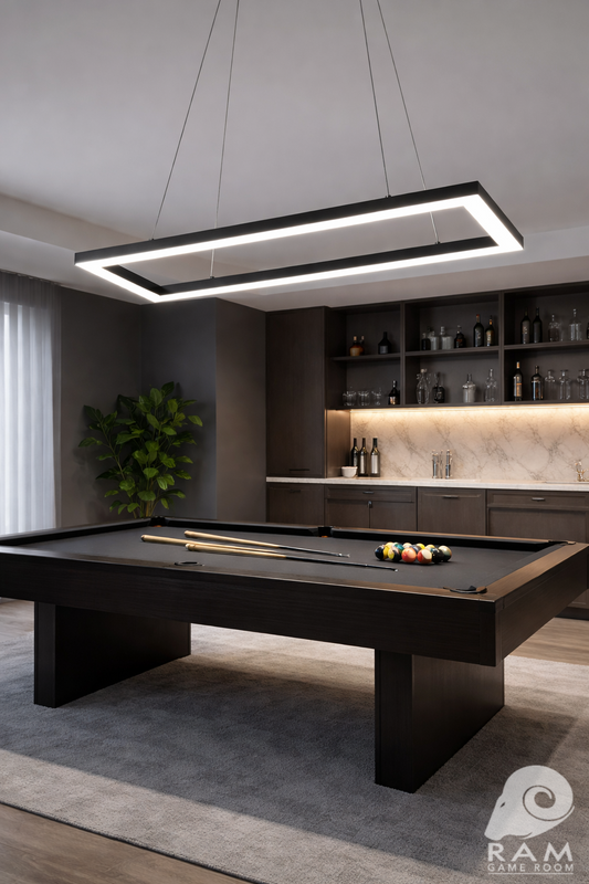 47-inch rectangular LED game table light in matte black illuminated above a pool table in a modern game room