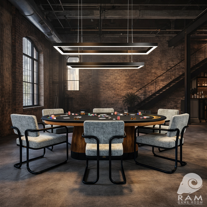 54-inch double rectangular LED game table light illuminated above a poker table in a modern entertainment room
