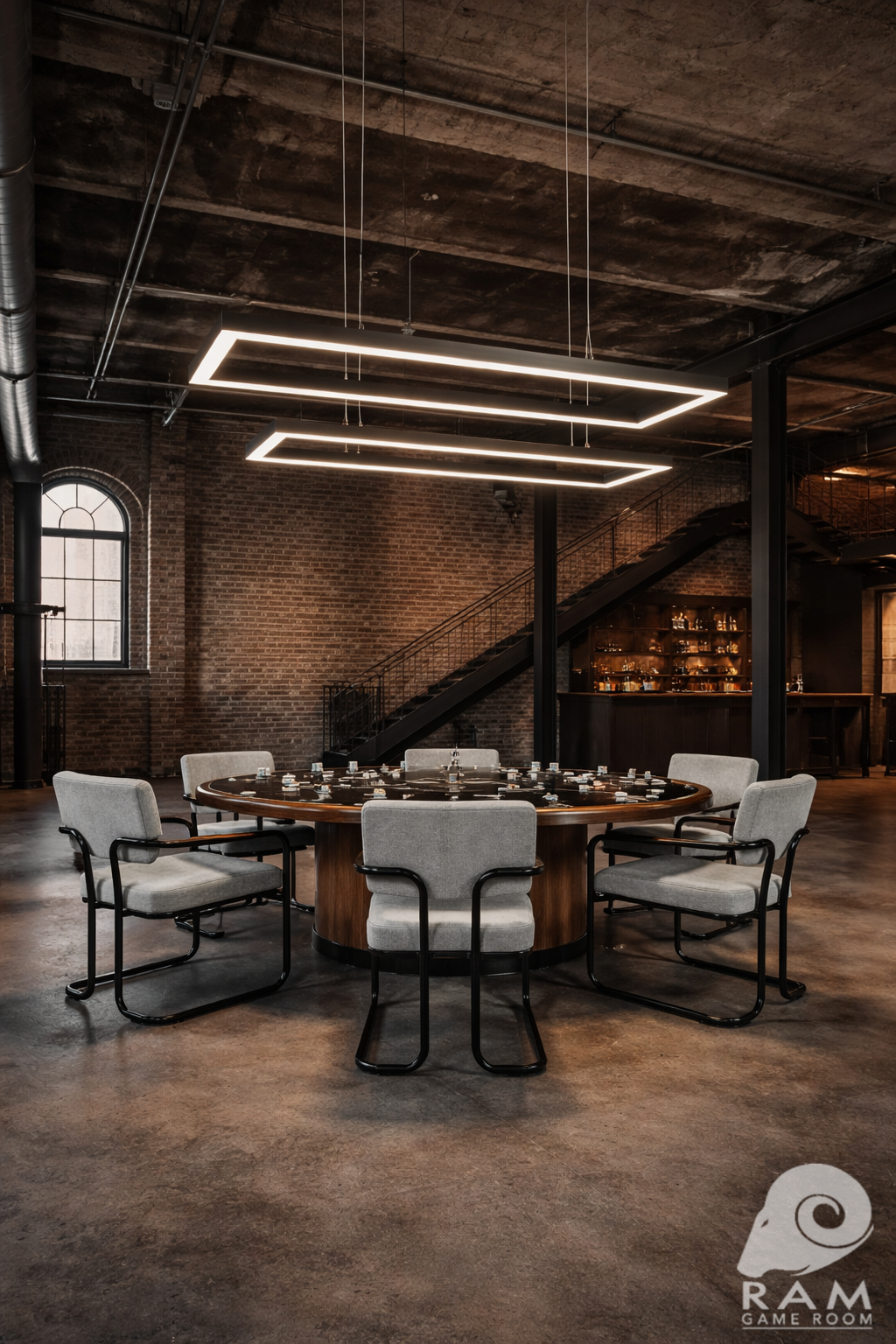 54-inch double rectangular LED game table light suspended above a poker table in a contemporary game room