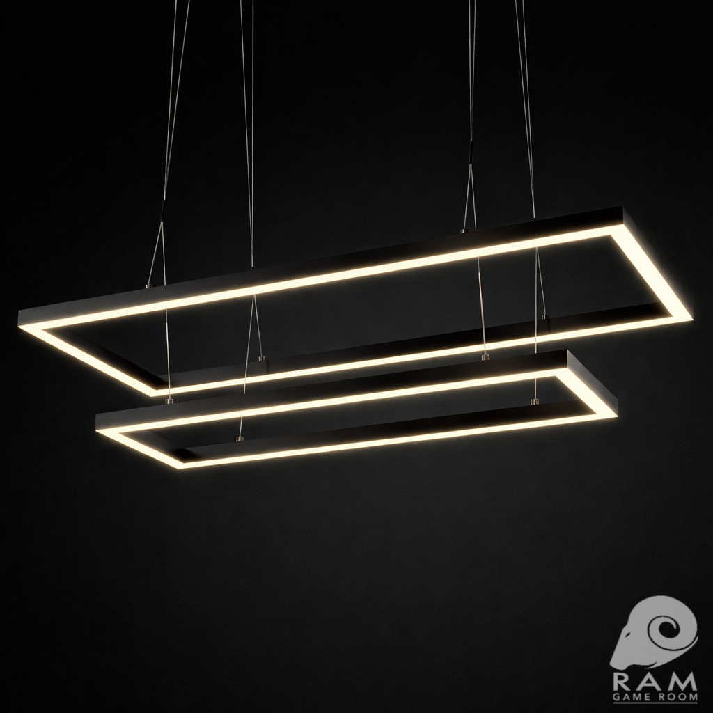 Matte black 54-inch double rectangular LED game table light shown illuminated against a black background