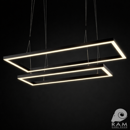 Matte black 54-inch double rectangular LED game table light shown illuminated against a black background