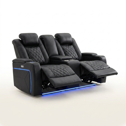Orya Black 61.42 In. Power Recliner Chair with Dual Motor, Massage and Heat, LED Lights, Leather Home Theater Seating — Studio Shot